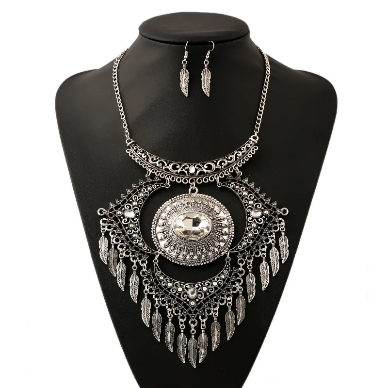 Vintage Style Hollow Crystal Necklace Earrings Set Antique Silver
