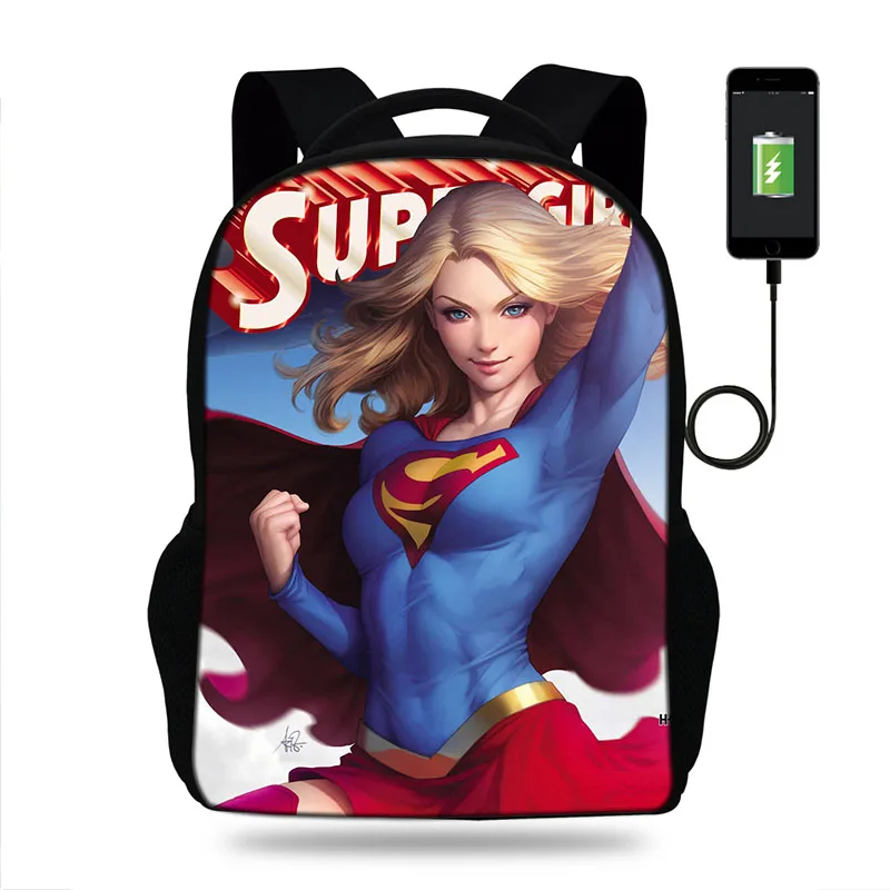 

17-inch Popularity Supergirl Wonder Printing Backpack Children Book Bag USB Charge Backpack School Bags for Teenagers girls