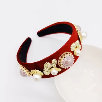 

Flannel Fashion Pearl metal Wide gold Headband Hair Band Headwear Hair Accessories