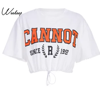 

Weekeep Women White Adjustable Waist t shirt Loose O-neck Short Sleeve t-shirt Women Cropped Streetwear Letter Print Crop Top
