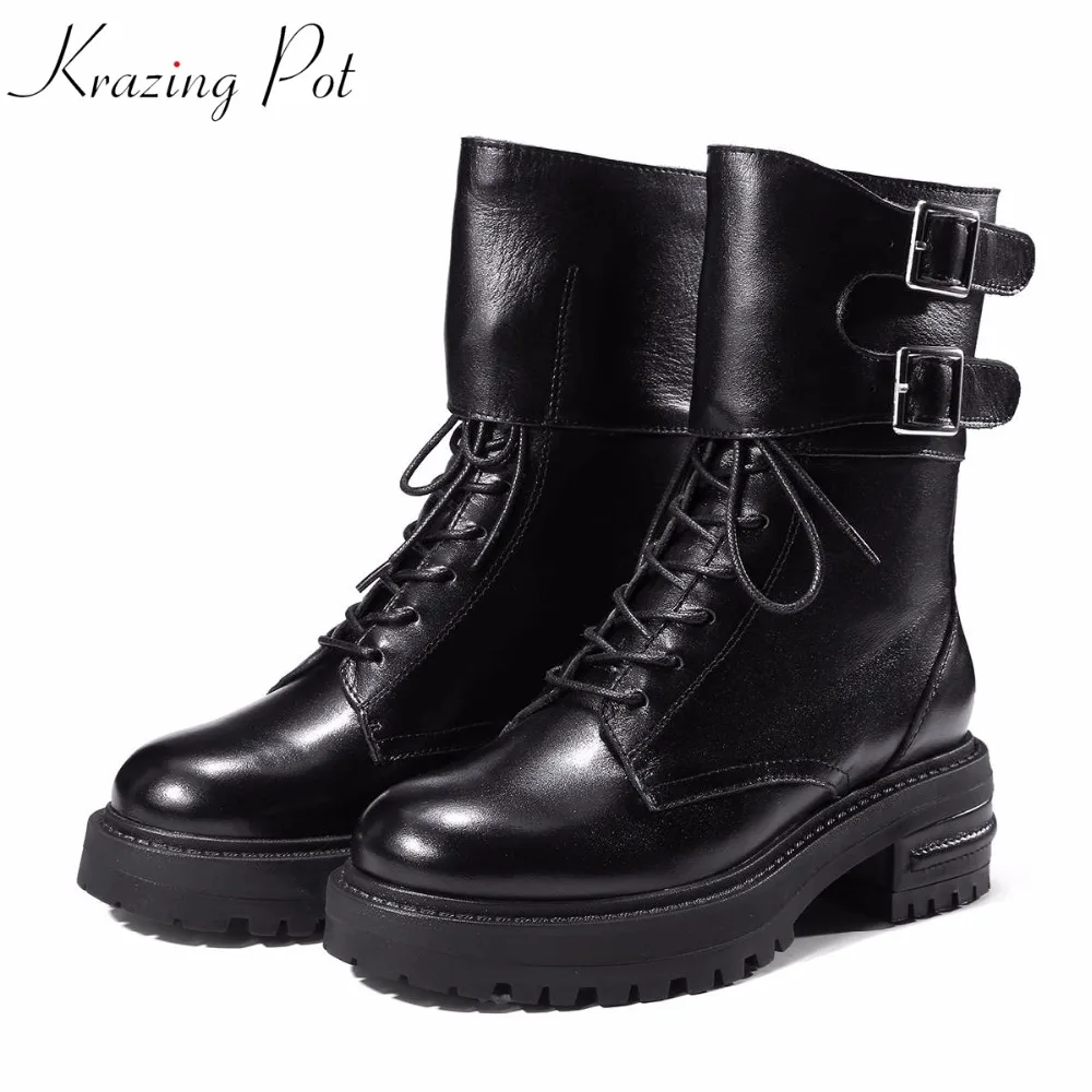 

Krazing Pot full grain leather cow suede winter shoes handsome motorcycle boots cross-tied metal buckle women ankle boots L41