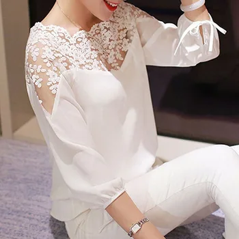 Female Blouse shirt Lace Hollow Collar Chiffon Women Backless Three Quarter Sleeve Ladies Cosy Tops Shirts Organza Blouse lace panel blouse