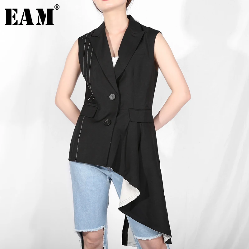 

[EAM] 2019 New Spring Summer V-collar Sleeveless Black Burr Irregular Split Joint Line Ruffles Vest Women Fashion Tide JR43