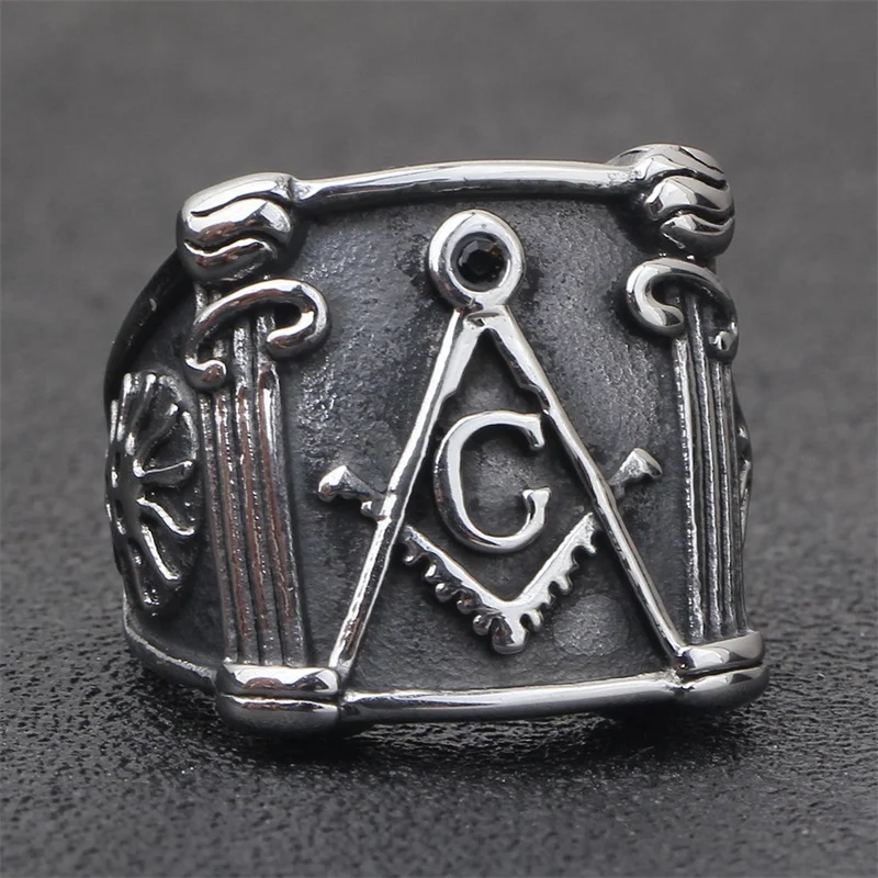 

Vintage Black Stainless Steel Men Ring Big Free Mason Freemasonry Masonic AG Retro Punk Silver Color Titanium Male Ring Jewelry