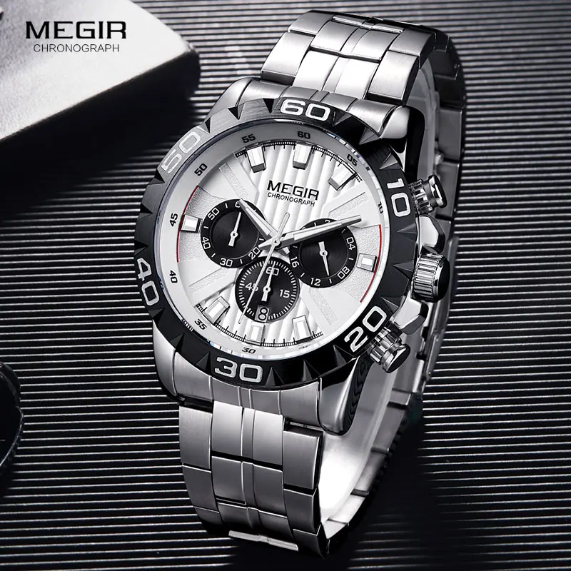 MEGIR мужские деловые кварцевые часы с хронографом из нержавеющей стали водонепроницаемые светящиеся нарядные наручные часы мужские Relogios 2087 белые