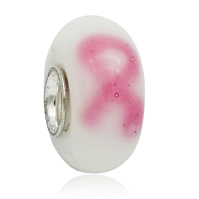 

1PC Pink Breast Cancer Awarenss Ribbon Murano Glass Bead Charms Fit Pandora Style charms bracelet necklace fashion Jewelry