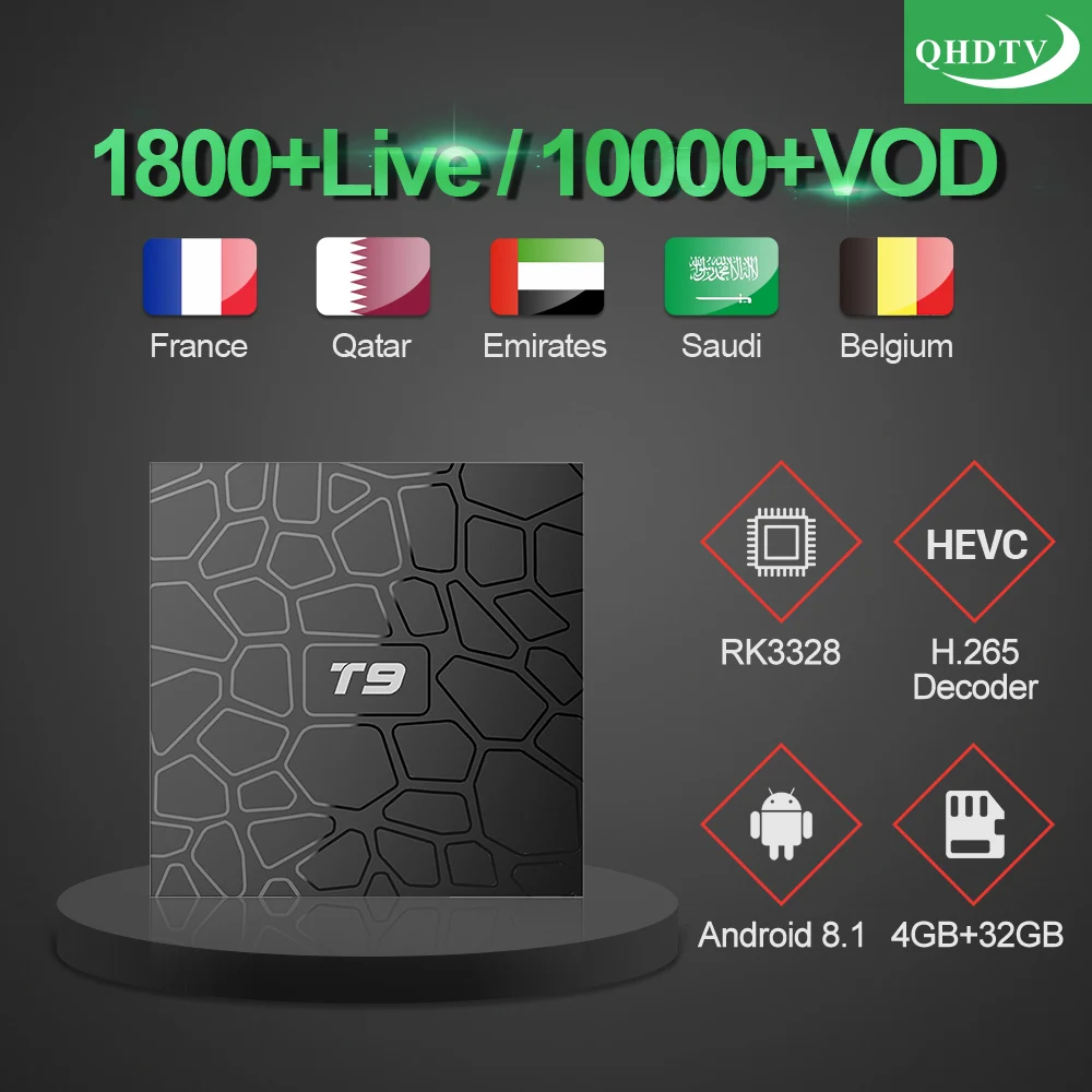 

T9 Android 8.1 Tv Box RK3328 4GB 32GB BT4.0 With 1 Year QHDTV Code Iptv Subscription French Arabic Belgium Morocco Netherlands