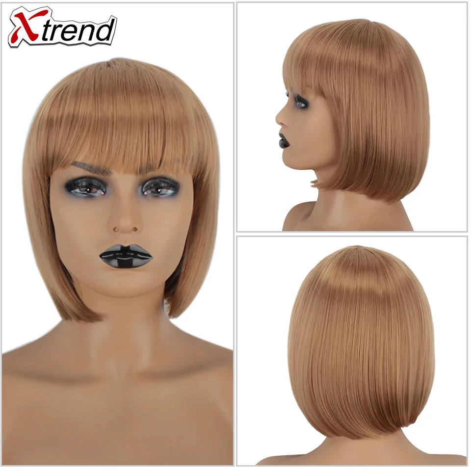 Xtrend Short Wig Perruque Wigs With Bangs For Black Women Peruca Synthetic Black Pink Grey Straight Hair Bob Style Pelucas