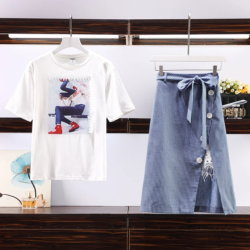ALPHALMODA Женская стильная футболка + юбка в полоску с разрезом модные комплекты из 2