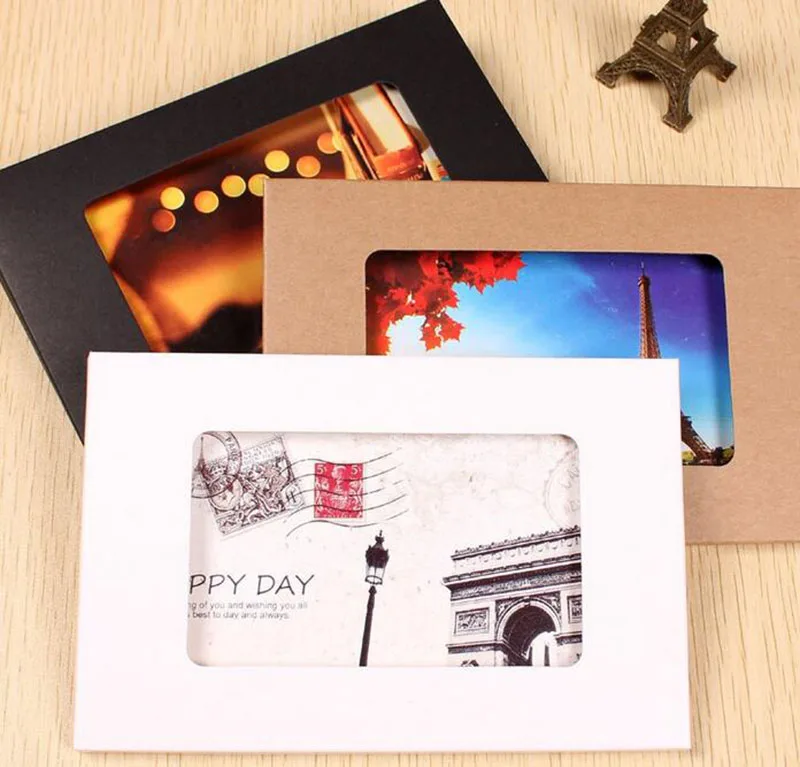 

DHL 10.2*15.5*0.5cm Kraft Paper Foldable Photo Display Box Postcard Box With Window Greeting Card Party Packaging Window Boxes