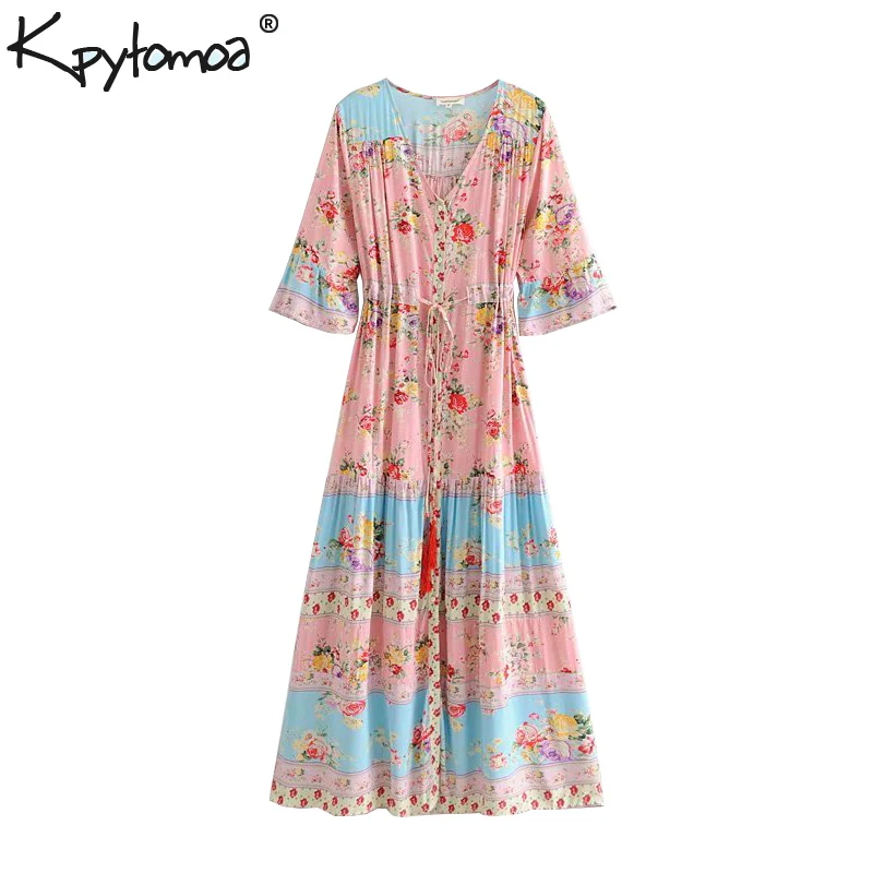 

Boho Chic Summer Vintage Floral Print Buttons Maxi Dress Women 2019 Fashion V Neck Lace Up Tassel Beach Dresses Vestidos Mujer
