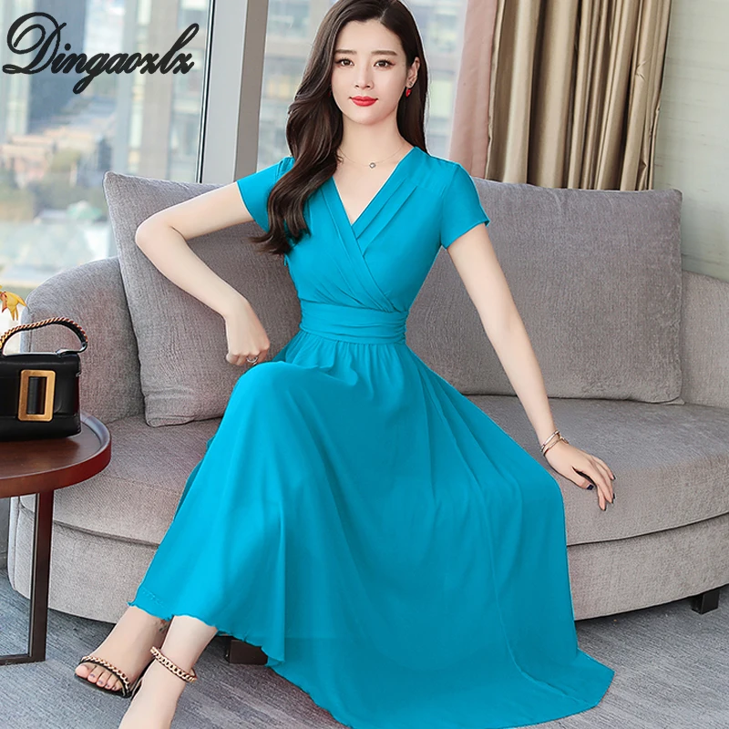 

Dingaozlz 2019 New Bohemia Long Beach dress Elegant Plus size White Women Chiffon dress Short sleeve Casual Summer dress
