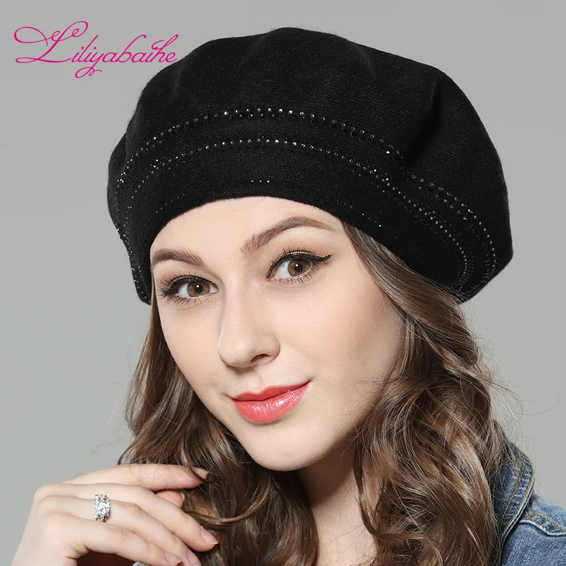 Beste Liliyabaihe Nieuwe vrouwen Winter Hoed Wol Gebreide Baretten, Hoeden met Omliggende diamant Decoratie Modieuze Effen Kleur Hoed