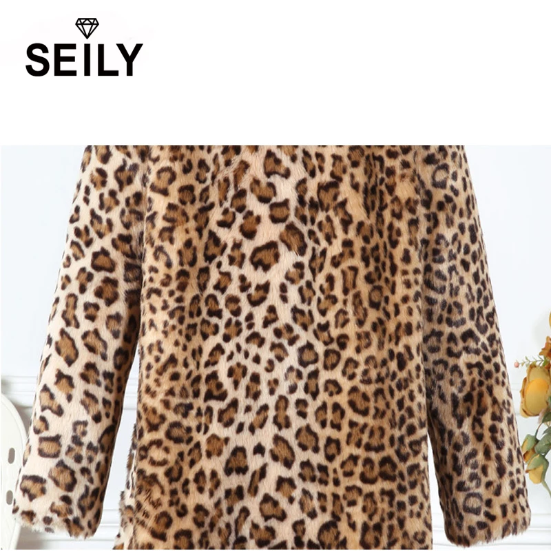 Seily Winter Plus Size Warm Furry Faux Fur Jacket Fake Natural Leopard Rabbit Fur Plush Coat Women Turn Down Collar Outwear 4XL