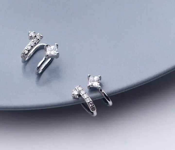 

(No pierced) Real. 925 Sterling Silver jewelry Double Rows with White Zirconia Clip Earrings jewelry GTLE2634