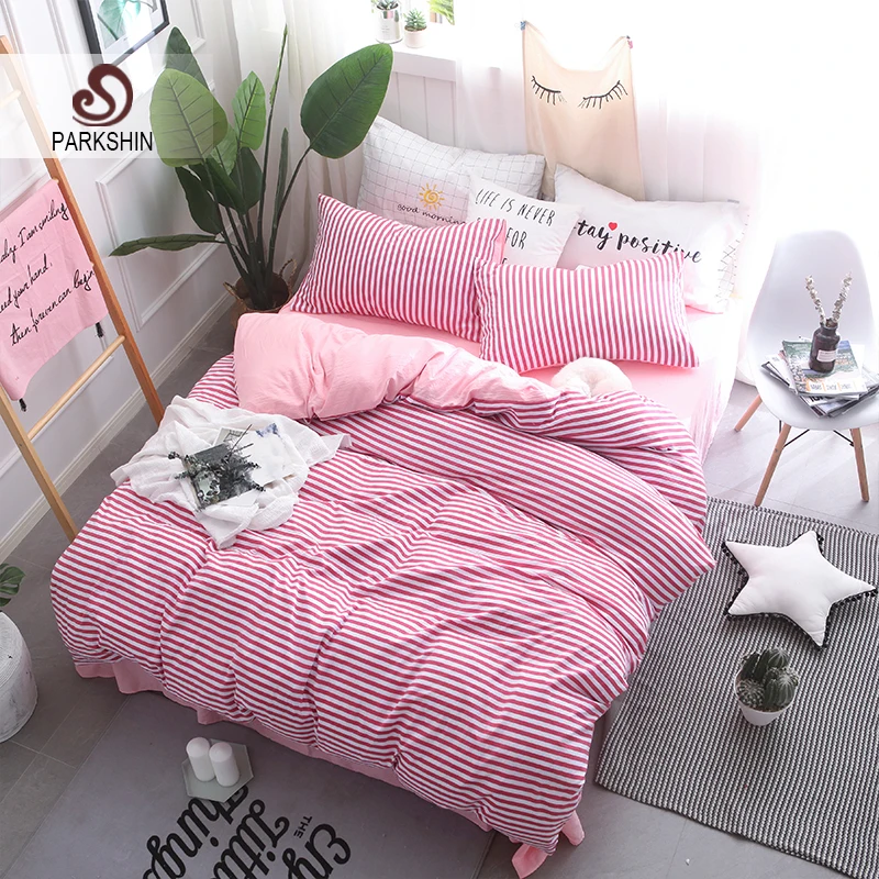 Best ParkShin Stripe Red Bedding Set Soft Duvet Cover Bedspread Pillowcase Adult kids Bed Linens Single Double Queen King Size