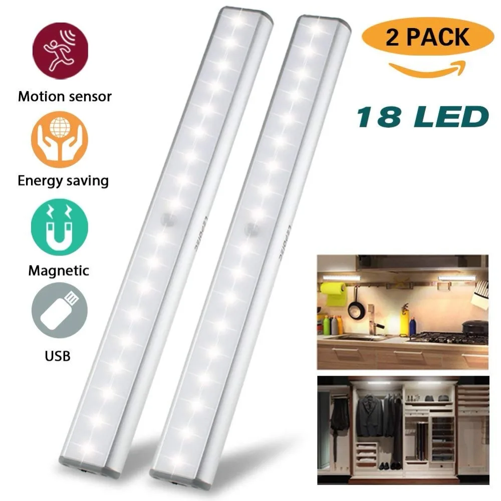 

Cabinet Lights Closet Lights Motion Sensor 18 LED USB Rechargeable Wireless Cabinet Lighting Magnetic Stick Emergency 2 Pack