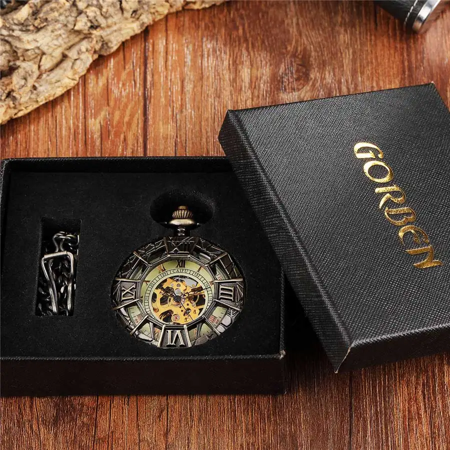 Уникальные полые римские механические старинные карманные часы паук выгравированы стимпанк ожерелье Fob унисекс Мужские винтажные часы в виде подвески - Цвет: Bronze with box