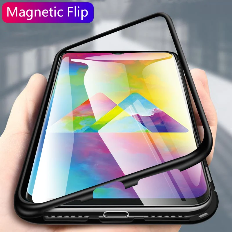 

360 Magnetic Phone Case For Samsung Galaxy S10 Plus S10e Metal Glass Cover For Samsung M20 A30 A50 Adsorption Magnet Flip shell