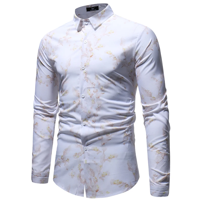 Бренд белая мужская футболка с длинным рукавом Camisa Masculina 2018 Мода Цветочный принт Для мужчин s Slim Fit Мужская классическая рубашка