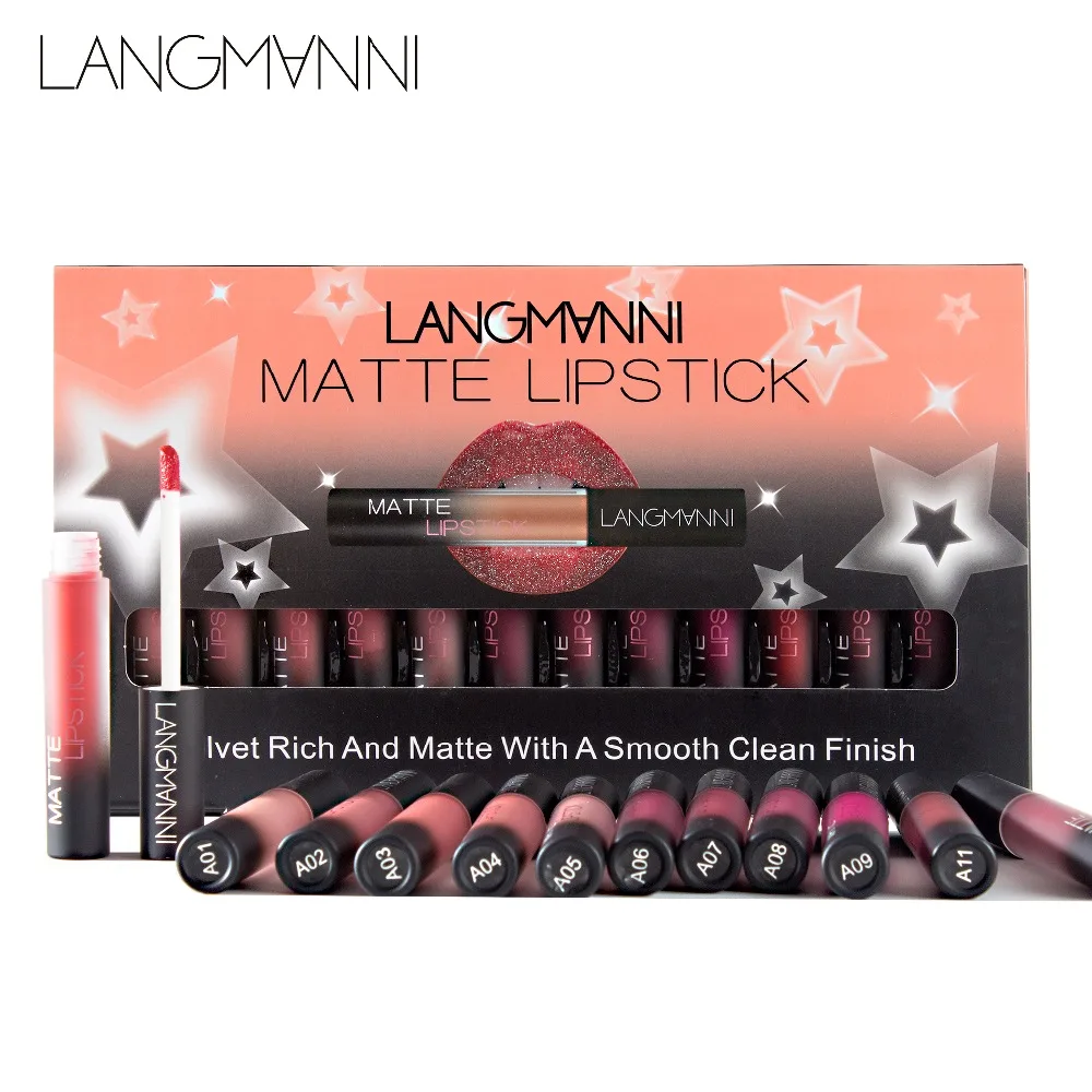 

langmanni 12pcs/set matte Lipstick Waterproof batom Long Lasting Lip Gloss Velvet mate liquid lipstick sexy red lips tint makeup