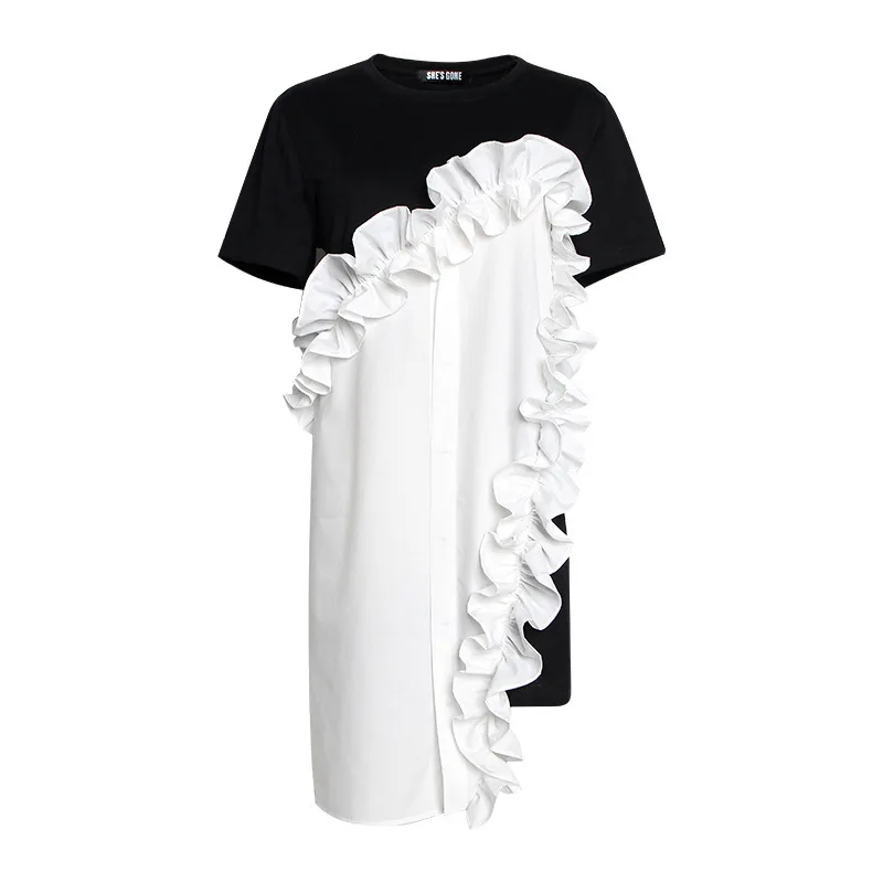 

[EWQ] 2019 Spring Summer New Pattern Round Collar Short Sleeve Hit Colors Pullovers Asymmetrical Dress Women AG46401