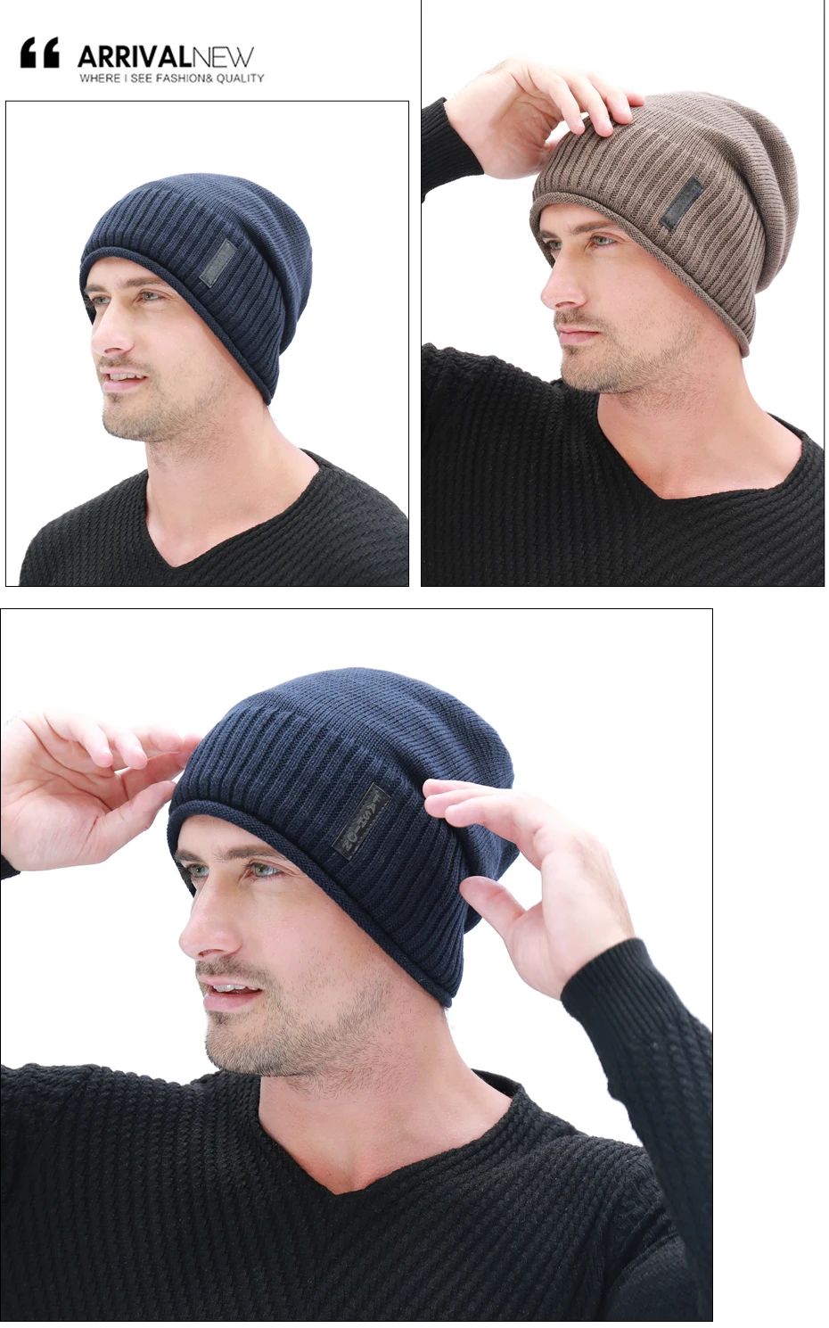 Мужская вязаная шапка с толпой, теплые зимние шапки с плюшевой подкладкой, толстые шляпы, мужские шлепки