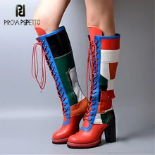 Prova Perfetto/Лоскутные женские сапоги до колена; высокие сапоги на массивном высоком каблуке со шнуровкой; зимняя женская обувь из натуральной кожи на платформе