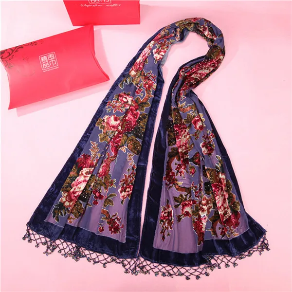 Цветок большой размеры бархат Шелковый шарф хиджаб для женщин девушка элегантный шаль печати Классическая упаковка глушитель Femme теплые Mujere Bufanda - Цвет: Тёмно-синий