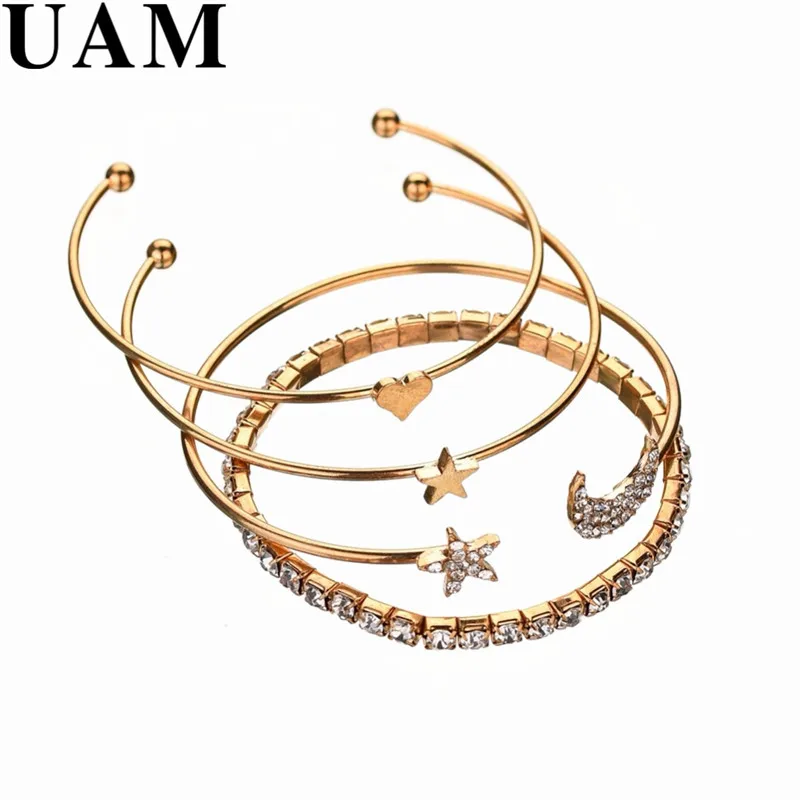 UAM, корейский стиль, для девушек, модные ювелирные изделия, серебро, золото, сладкая звезда, сердце, Луна, Открытый браслет, набор, для женщин, стразы, розовое золото, часы, браслеты