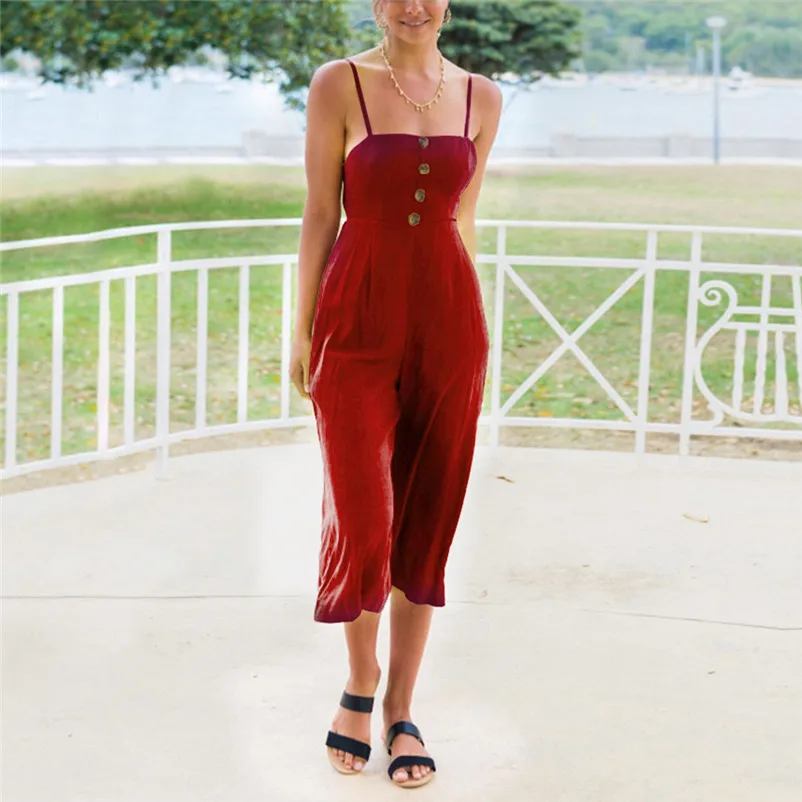 Fashion summer jumpsuit woman 2018 Strappy Soild Button Long Trouser Playsuits Jumpsuit Rompers pantaloni siamesi Y12#N (4)