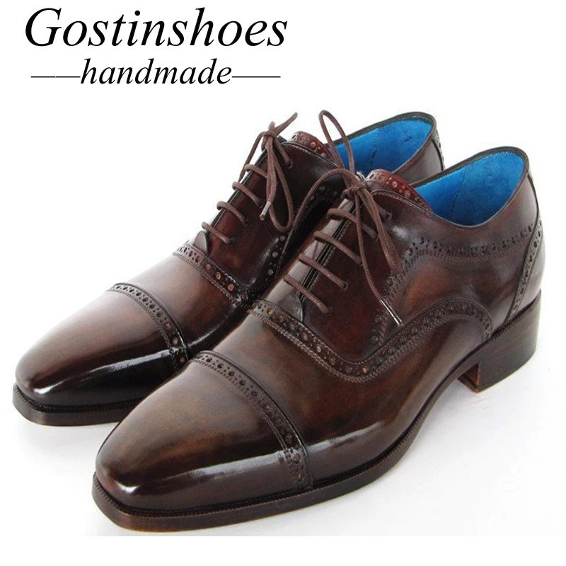 

GOSTINSHOES HANDMADE Brogue Oxford Shoes Hand-Painted Cow Leather Cap Toe Lace-Up Leather Shoes Men Goodyear Welted Formal SCT22