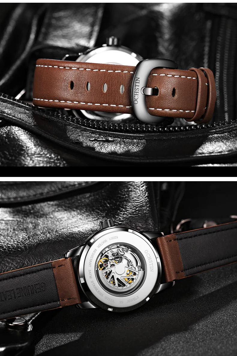 OCHSTIN автоматические механические мужские часы от ведущего бренда, Роскошные мужские часы из натуральной кожи, военные армейские спортивные мужские часы с скелетом 62001