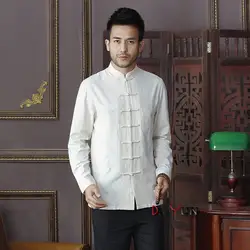 Новые летние бежевый Китайская традиционная Для мужчин с воротником «Мандарин», однотонные хлопковые футболки с длинными рукавами