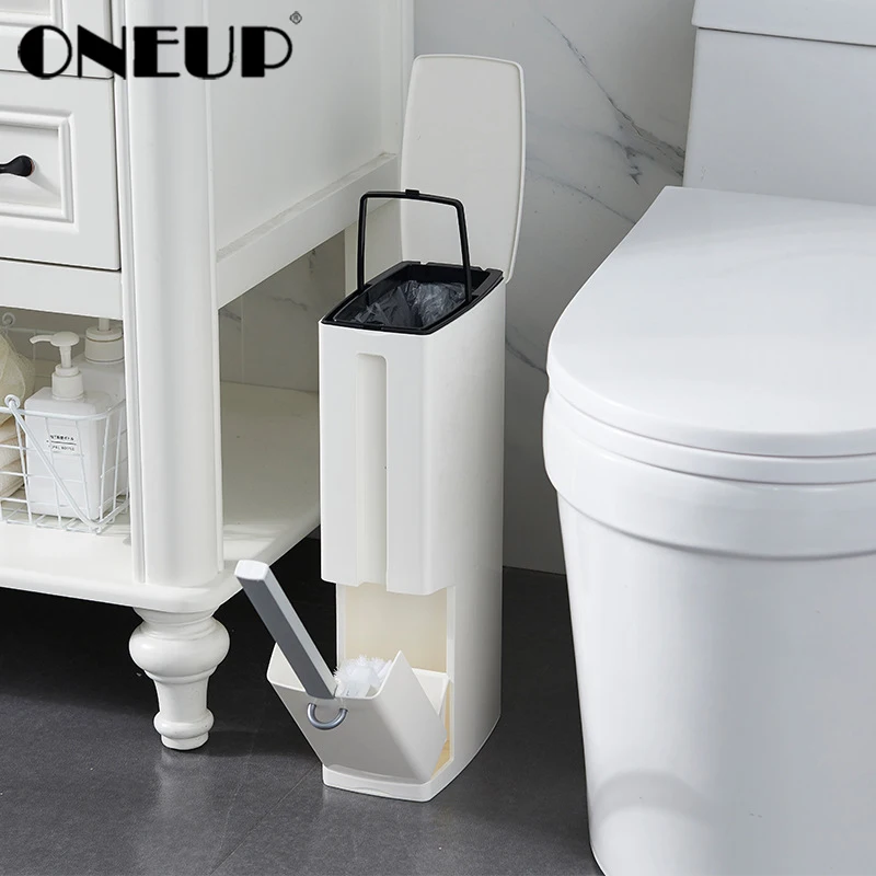 

ONEUP 2 in 1 Narrow Trash Can Set with Toilet Brush Waste Bin Toilet Dustbin Trash Basket Garbage Bucket Bathroom Cleaning Tools