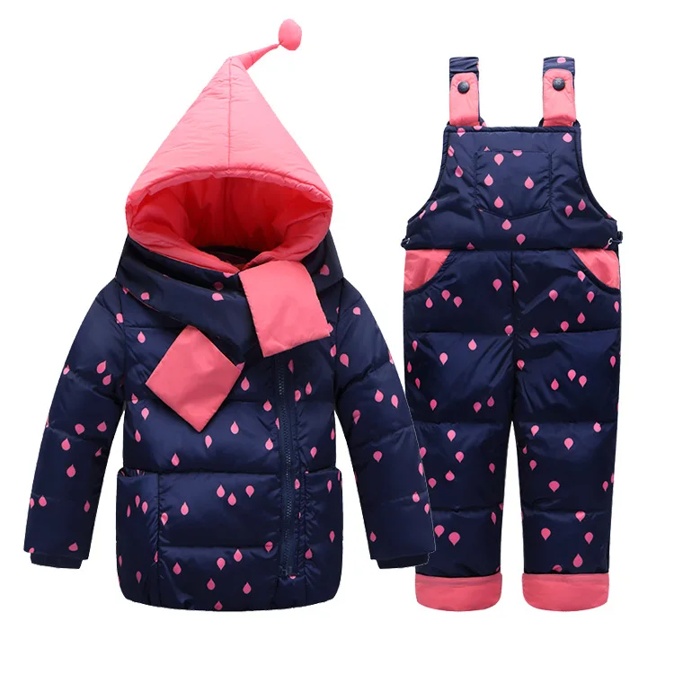 

2019 New Girls Winter Warm Down Jacket Suit Set Children Thick Coat+Jumpsuit Clothes for Kids Print raindrops Hooded Outerwear