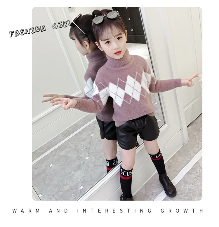 Fashion Autumn Winter Baby Girl Knitted Velvet Sweaters Casual Children Clothes Long Sleeve Turtleneck Thick Sweater 4-15Y