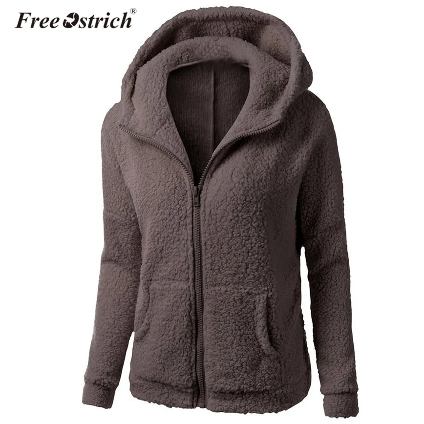 

Free Ostrich Winter Warm Fleece Fur Coat Women Long Sleeve Slim Hooded Outerwear Coat Pockets Zipper Plus Size Overcoat N30