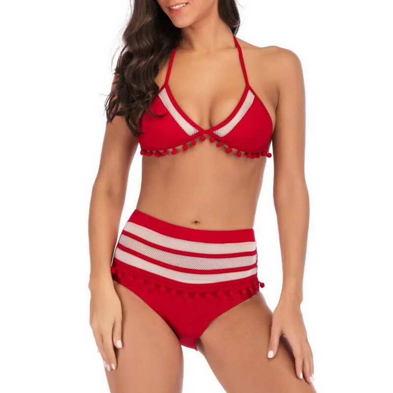 

Hot Selling 2019 Sexy Halter Retro Mesh Hollow Out String Two Piece Bikini High Waist Plus Size Women Swimwear