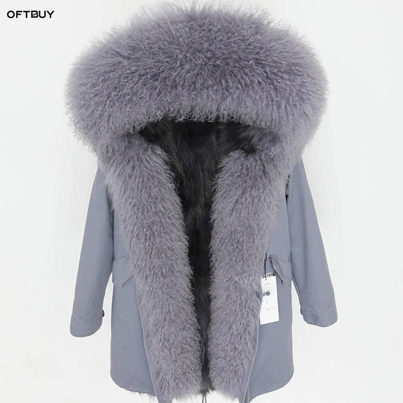 Женская парка OFTBUY длинная меховая с лисьим мехом и кисточками армейский зеленый