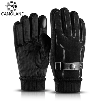 

Winter Men Gloves Warm Pig skin Outdoors Sports Fashion Full Finger Mittens with Fleece Soft Fur Thermal Windproof Touch Screen