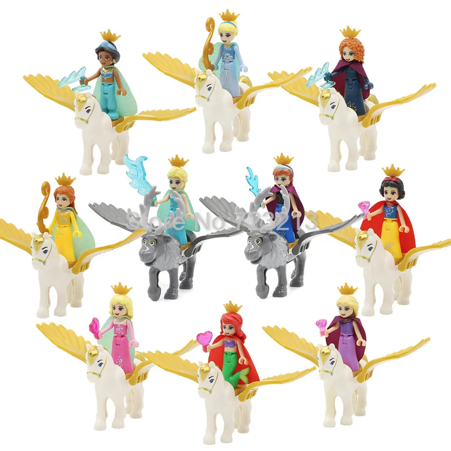 

Single Sale Princess with Flying Horse Girl Mermaid Figure Cinderella White Snow Doll Anna Building Blocks Sets Models Toys
