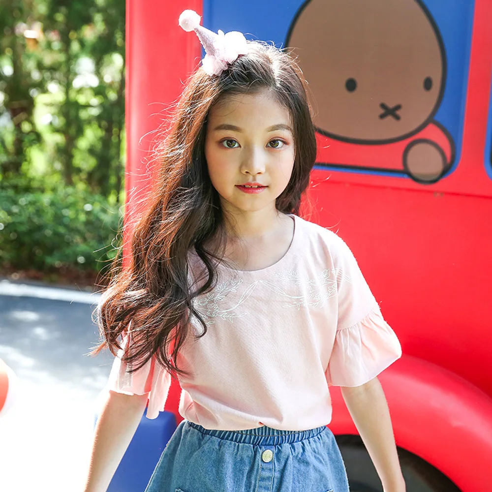 Murah Gadis T shirt Pendek Musim Panas Katun Mencetak Gadis Tanduk Lengan T shirt Solid O Leher Pink Anak Perempuan T shirt untuk 6 8 10 Tahun