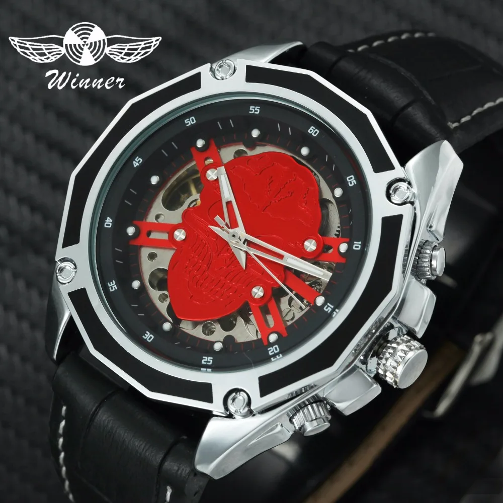 

WINNER Skull Mens Watches Top Brand Luxury Auto Mechanical Skeleton Dial Luminous Index Leather Strap Wristwatch Halloween Gift