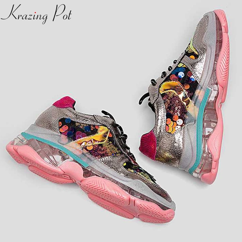 

Krazing Pot sheep leather bling sequined cloth round toe summer lace up vintage jelly sneakers fairy lady vulcanized shoes L41