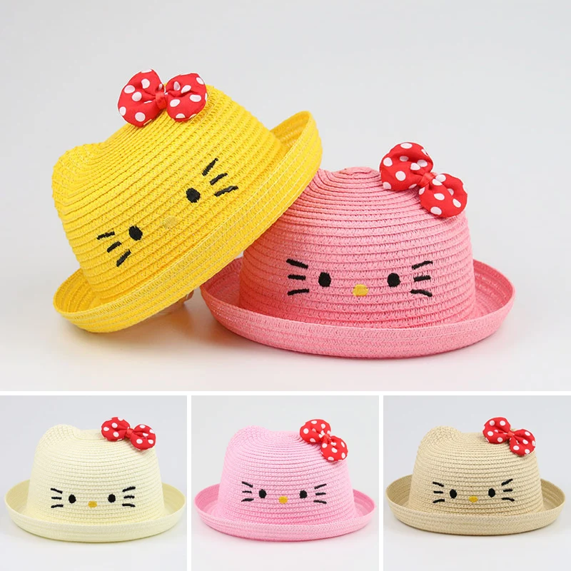 

Baby Summer Hat Dot Bowknot Kids Baby Girl Straw Hat Outdoor Cat Ear Panama Bucket Cap Children Girls Sun Hat Casquette Enfant