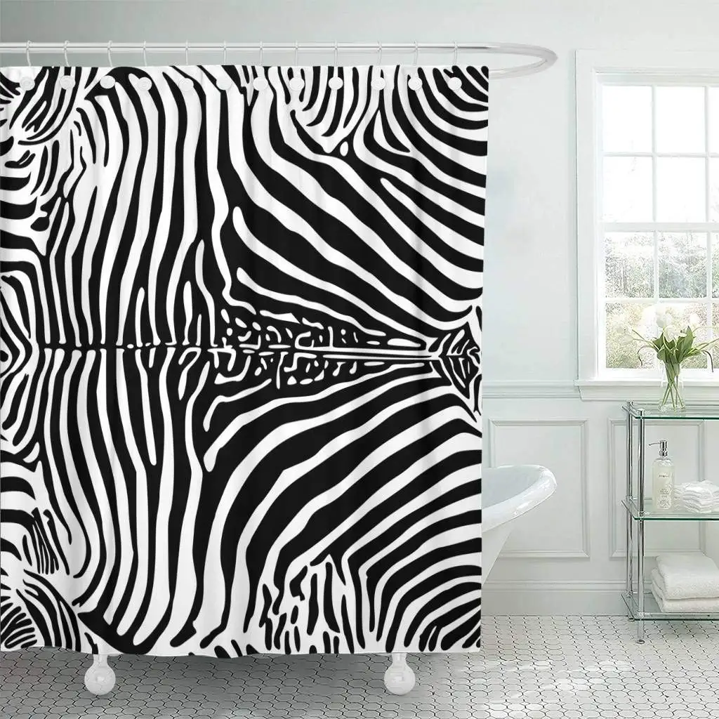 Shower Curtain with Hooks Abstract Zebra Pattern Black and White Wild