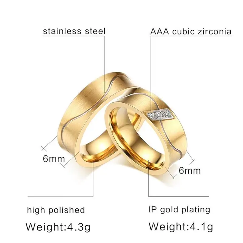 Unique Alliance Anel Ouro Titanium Promise Wedding Band Couple Rings Pair Set for men and women Gold Color Anillos VR325
