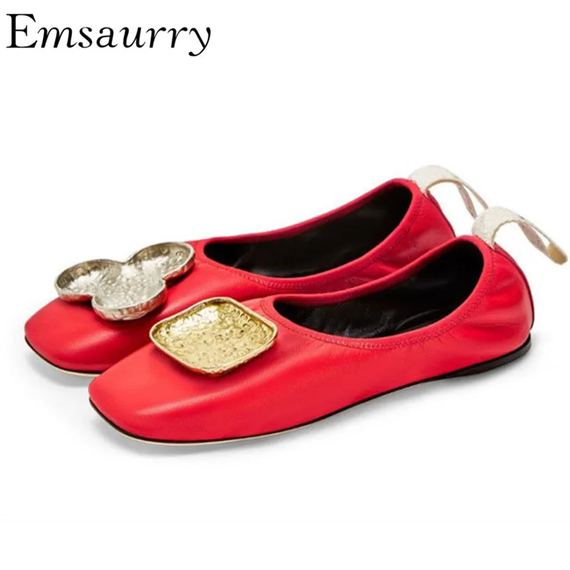 

New Chic Spring Metal Decor Glove Shoes Red Real Leather Square Toe Ballet Flats Asymmetrical Metal Flat Shoes Woman