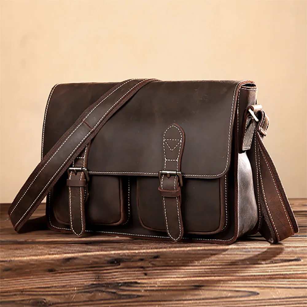 Genuine Leather Crazy Horse Cowhide Cross Body Shoulder Bag Men Laptop Business Briefcase Brand Famous Trend Messenger Bags